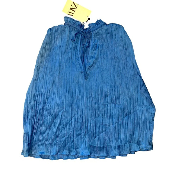 Zara Pleated Sleeveless Shirt Ruffle Neck Keyhole Tie Back Too Size Medium New - Picture 5 of 11